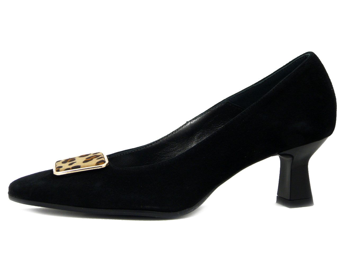 Scarpe Donna Decolletè in Pelle Camoscio Nero con Fibbia Animalier, Tacco Medio 5 cm, VERNISSAGE - I4PQ Scarpe Donna Decolletè in Pelle Camoscio Nero con Fibbia Animalier, Tacco Medio 5 cm, VERNISSAGE - I4PQ