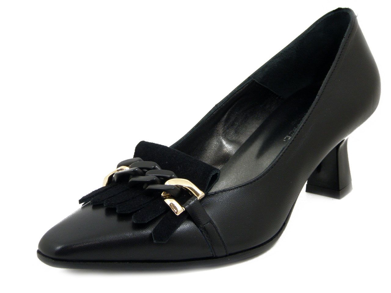 Scarpe Donna Decolleté in Pelle Nero con Frangia e Catena, Tacco Medio 5 cm, Vernissage - I4PQ5