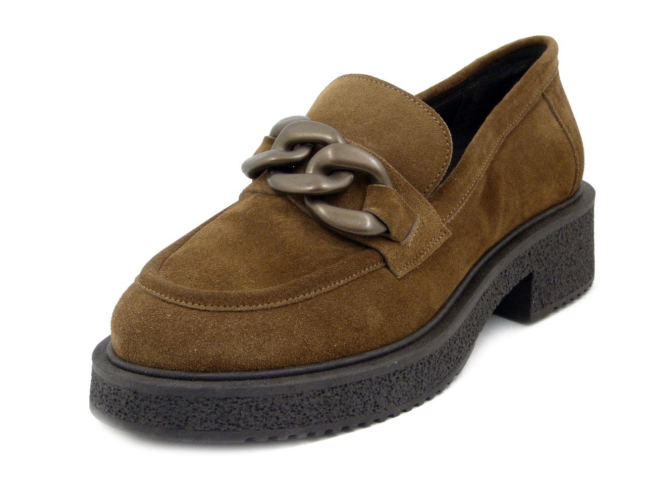 Mocassini Donna in Pelle Camoscio Marrone con Catena, Tacco Basso, Vernissage by Soffice Sogno - I28220