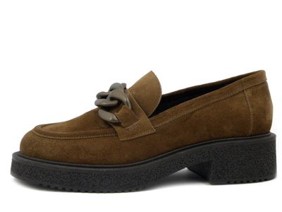 Mocassini Donna in Pelle Camoscio Marrone con Catena, Tacco Basso, Vernissage by Soffice Sogno - I28220