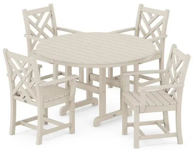 PWS122-1 Chippendale 5 Piece Round Farmhouse Arm Chair Dining Set in Sand