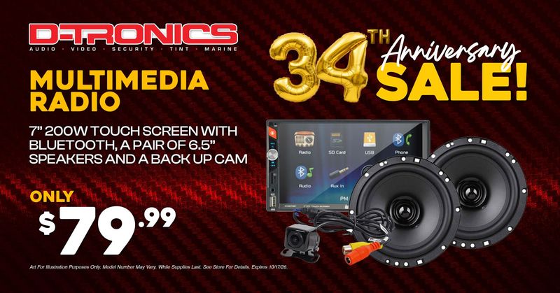 MULTIMEDIA RADIO - 7" 200W TOUCH SCREEN WITH BLUETOOTH, A PAIR OF 6.5" SPEAKERS AND A BACK UP CAM