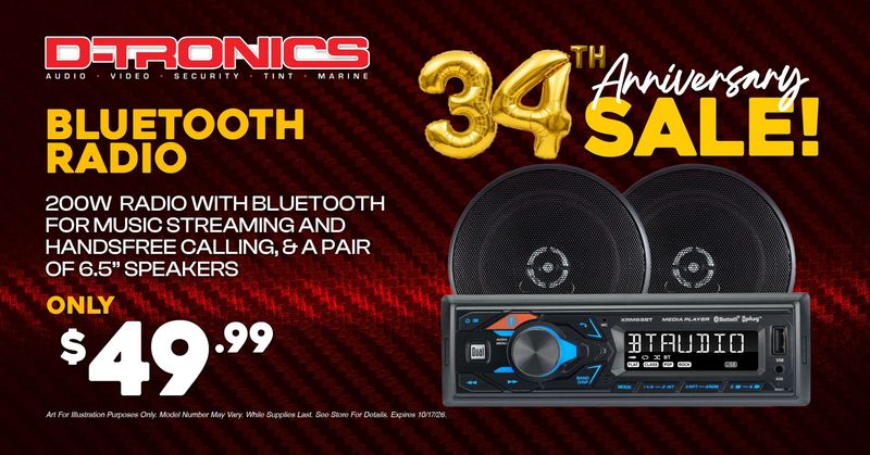 BLUETOOTH RADIO - 200W RADIO WITH BLUETOOTH FOR MUSIC STREAMING AND HANDSFREE CALLING, AND A PAIR OF 6.5" SPEAKERS