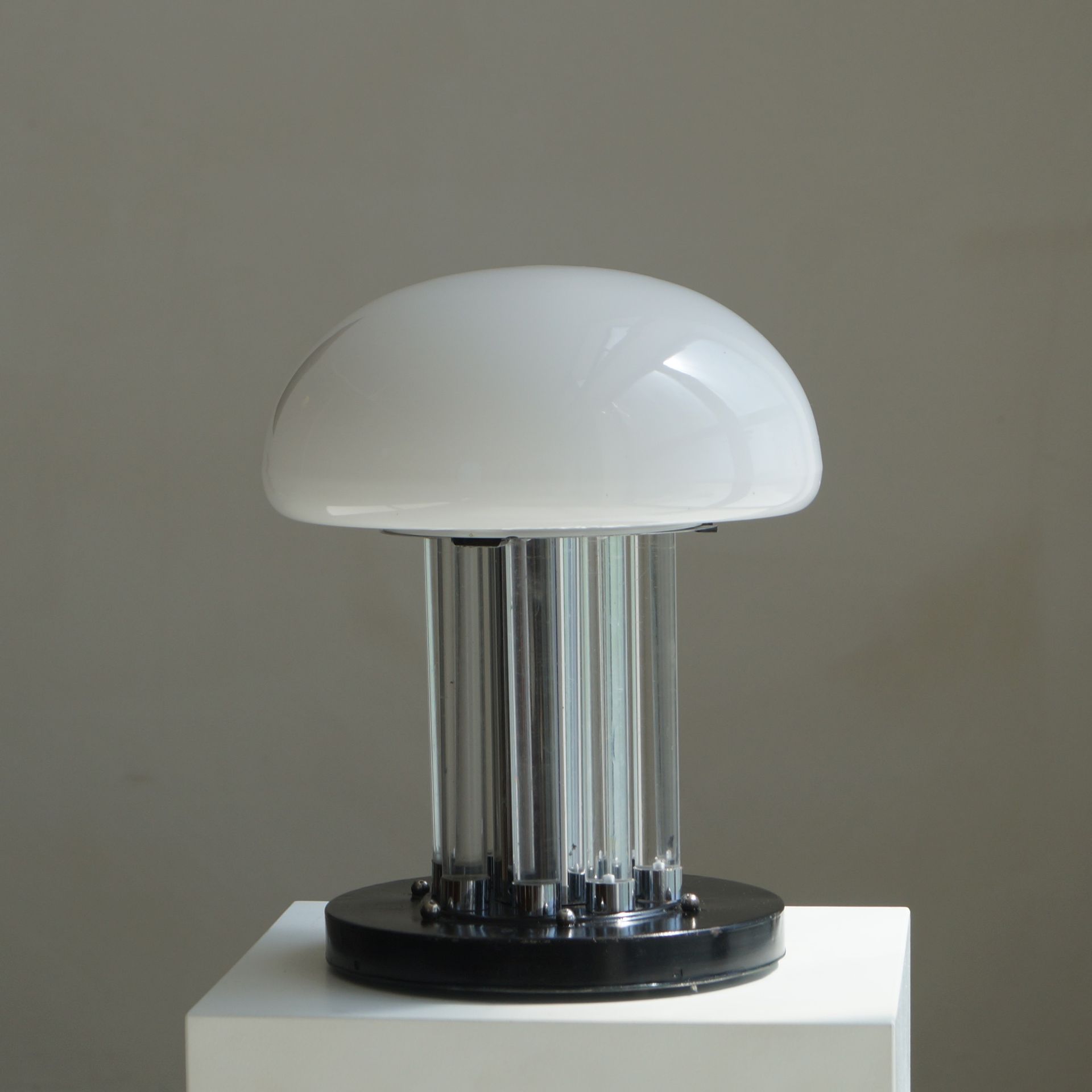 Reserved - Modernist Bauhaus table lamp with opaline shade and glass rods, 1940s - 50s