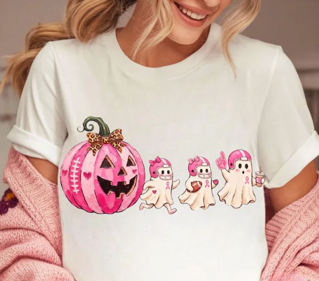 BREAST CANCER AWARENESS FOOTBALL GHOST &amp; PUMPKIN