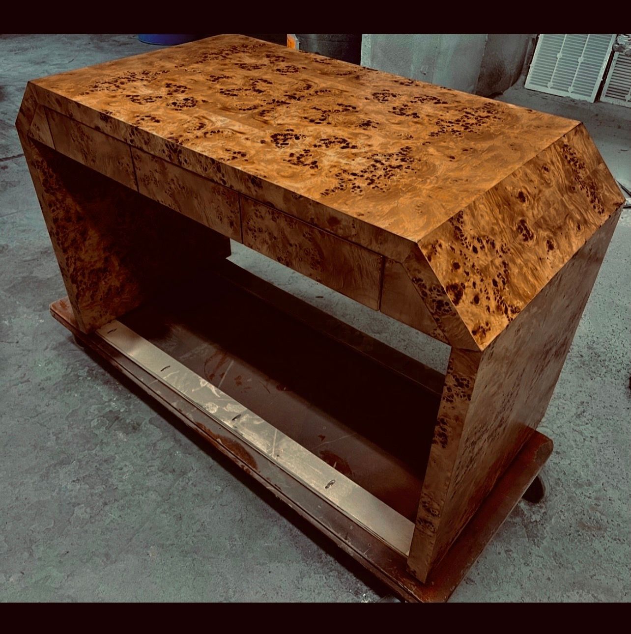 50" Wide x 32" Tall x 20" Deep Brown Elm Burl Wood Desk w/ Angled Corners and Drawers