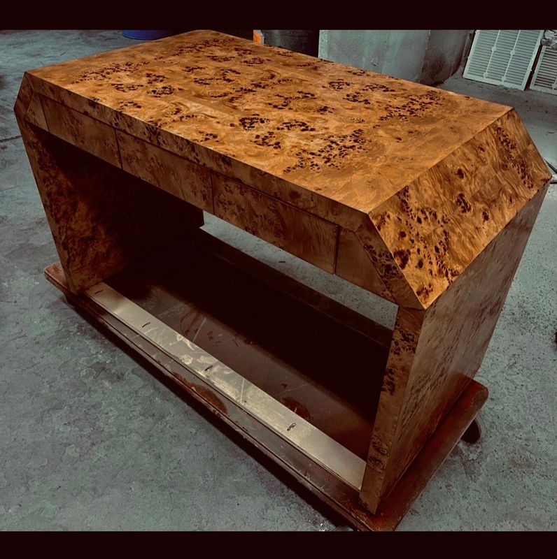 50" Wide x 32" Tall x 20" Deep Brown Elm Burl Wood Desk w/ Angled Corners and Drawers