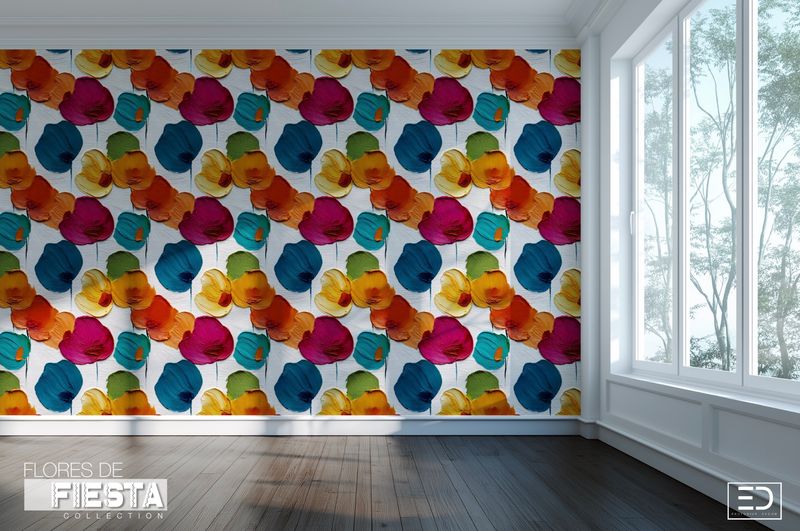 Flores Llenas Floral Wallpaper | Teal, Burnt Orange &amp; Magenta | Flores de Fiesta Collection