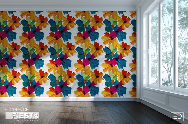 Margaritas Libres Floral Wallpaper | Teal, Magenta &amp; Warm Amber | Flores de Fiesta Collection
