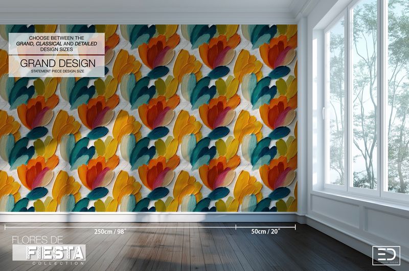 Flor Abierta Floral Wallpaper | Warm Amber, Teal &amp; Burnt Orange | Flores de Fiesta Collection
