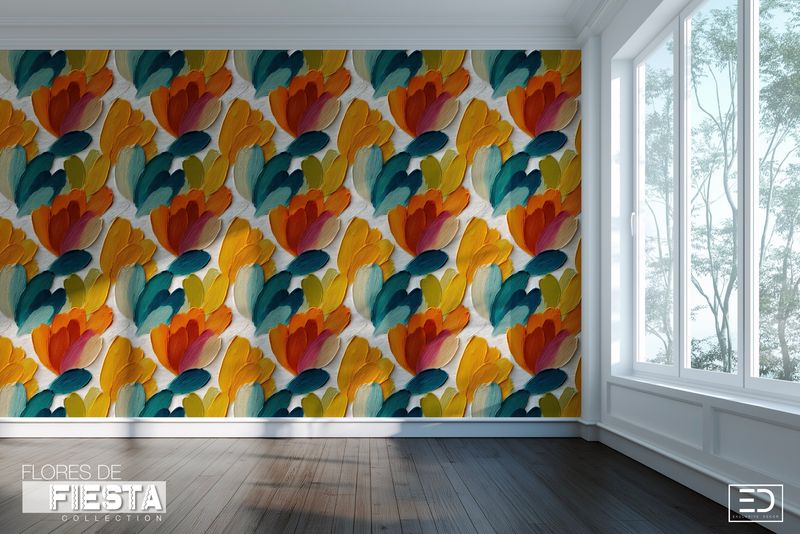 Flor Abierta Floral Wallpaper | Warm Amber, Teal &amp; Burnt Orange | Flores de Fiesta Collection
