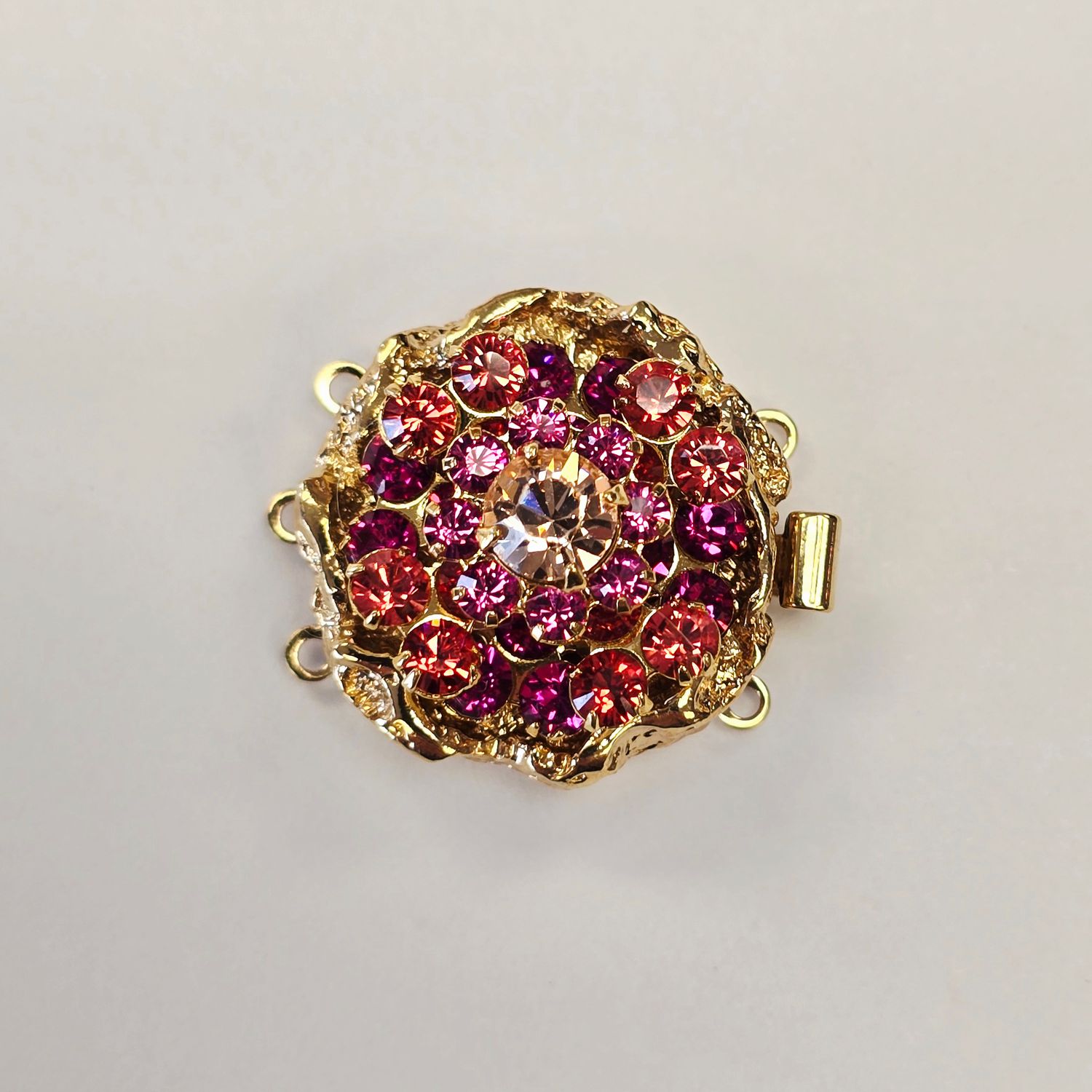 Pink Crystal Gold Plated Round Push Clasp 3-Strand