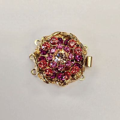Pink Crystal Gold Plated Round Push Clasp 3-Strand