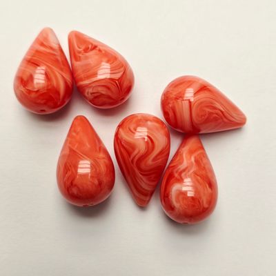 25x24mm Drops: Coral Red Swirl - German Resin *Top to Bottom Drilled*
