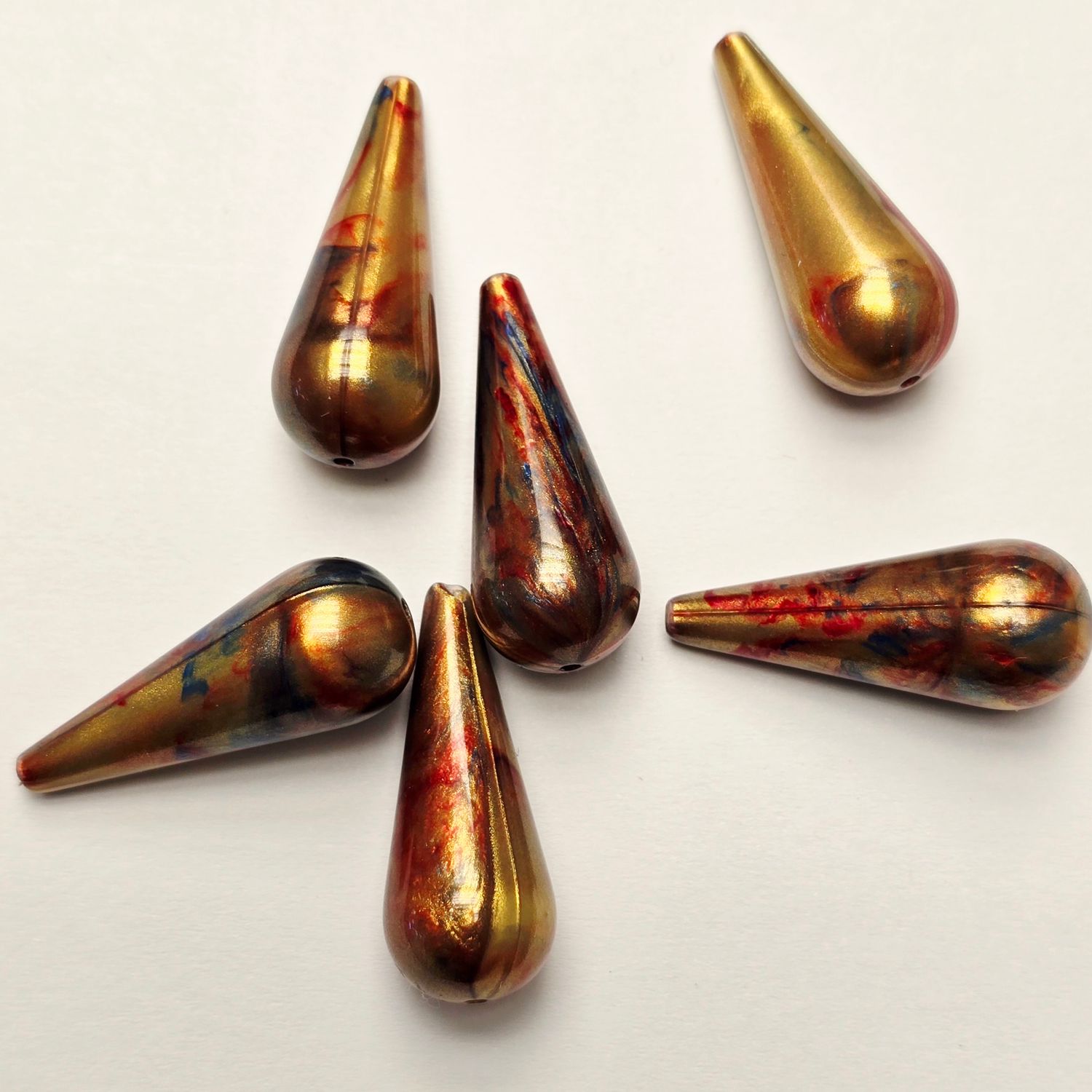 30x12mm Drops: Gold, Blue & Red Swirl - German Resin *Top to Bottom Drilled*