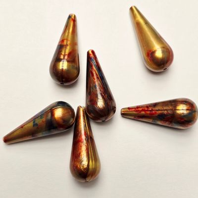 30x12mm Drops: Gold, Blue & Red Swirl - German Resin *Top to Bottom Drilled*