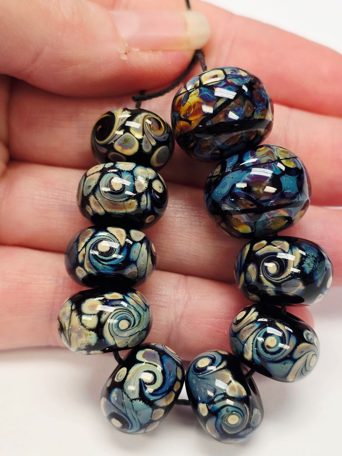 Lampwork Beads: Blue and Amber Swirl Mixed Size (10 Beads)