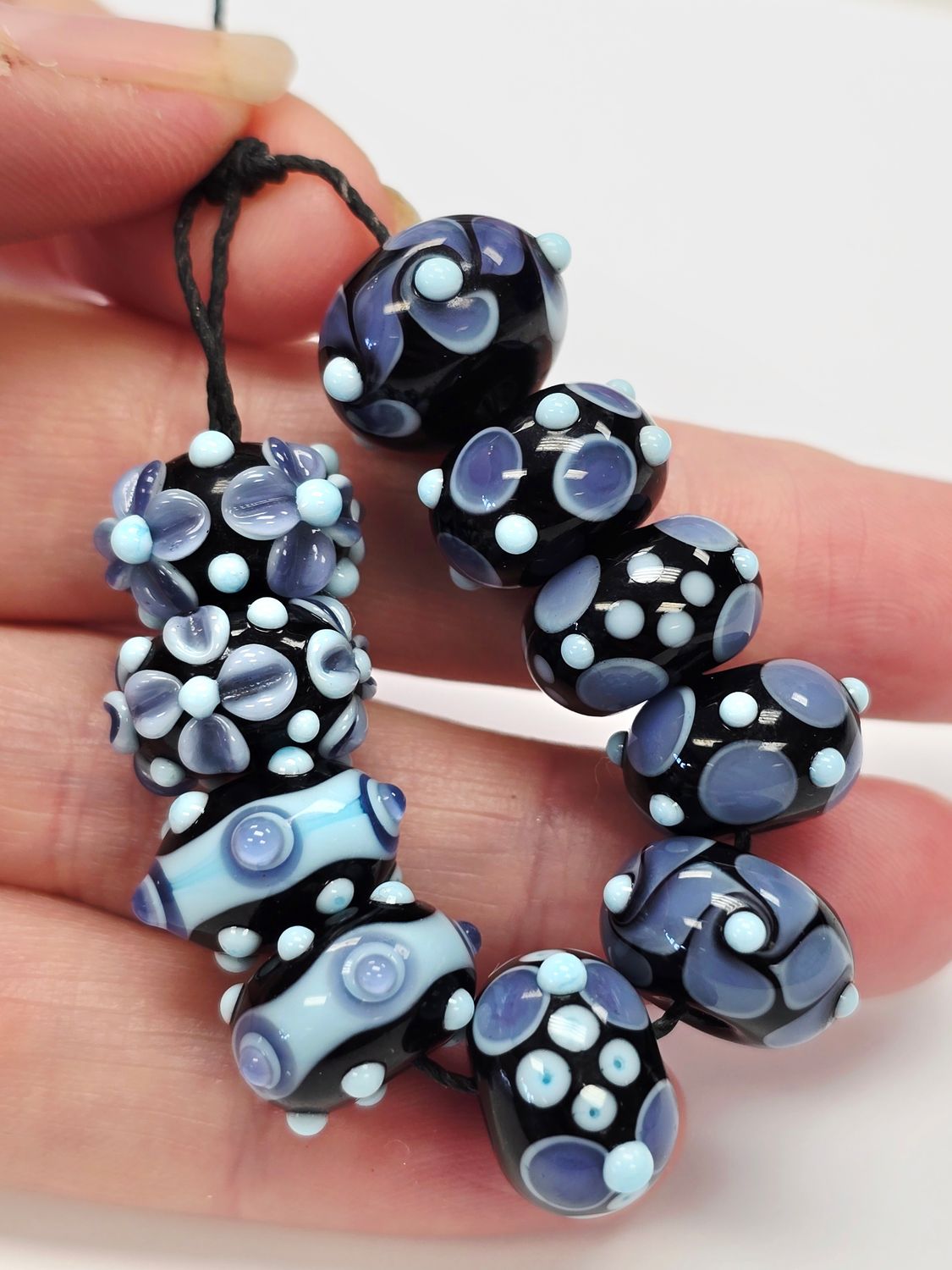 Lampwork Beads: Black Lt Blue and Lavender Dot 14mm (10 Beads)