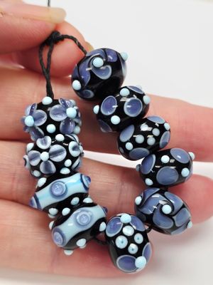 Lampwork Beads: Black Lt Blue and Lavender Dot 14mm (10 Beads)