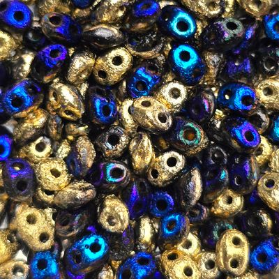 MiniDuo Beads: Etched Gold Jet Blue Rainbow 