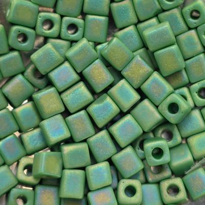 SB4-411FR: Miyuki Opaque Green AB - 4mm Square/Cube Beads