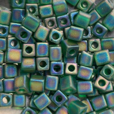 SB4-146FR: Miyuki Matte Transparent Green Rainbow - 4mm Square/Cube Beads