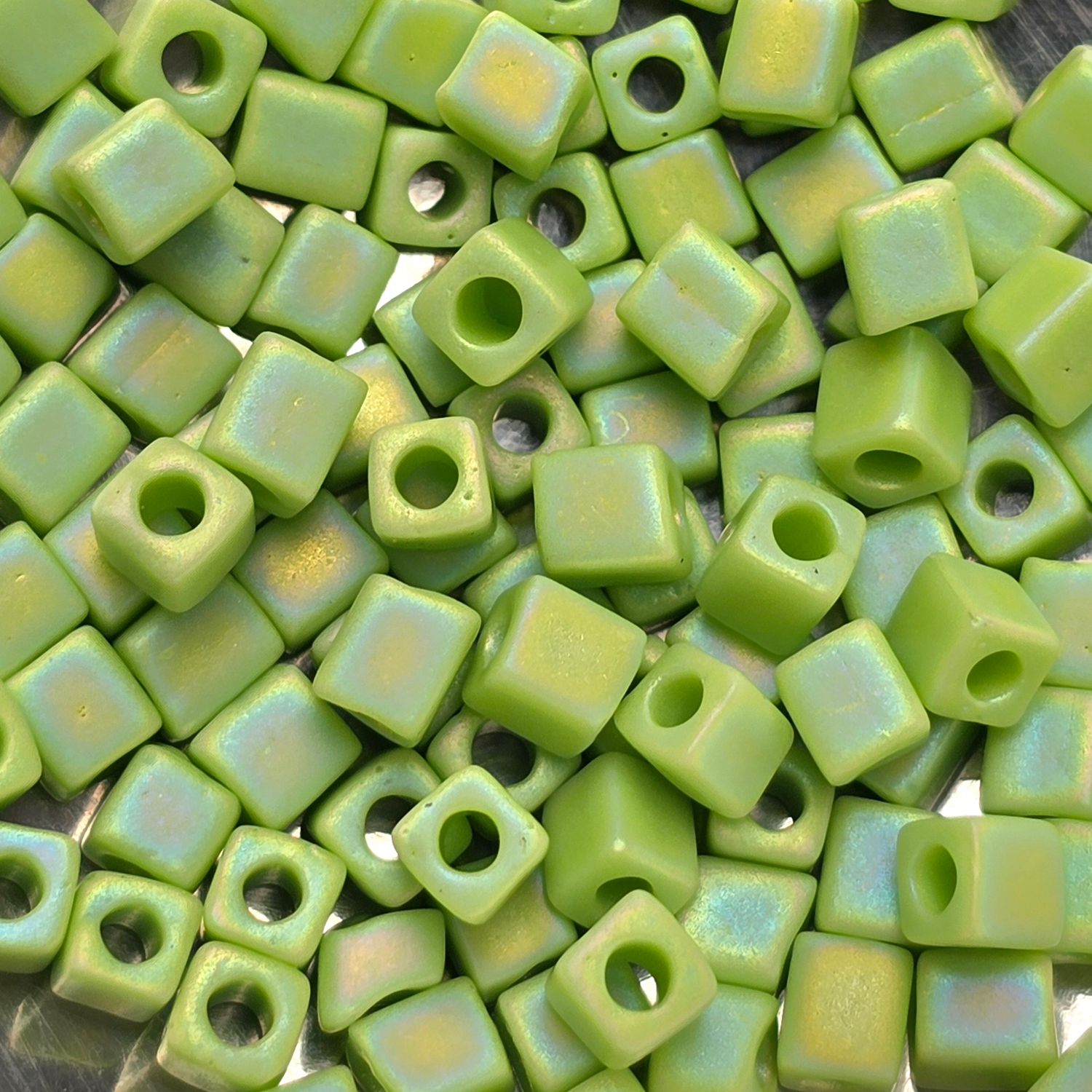 SB4-416FR: Miyuki Matte Opaque Chartreuse AB - 4mm Square/Cube Beads
