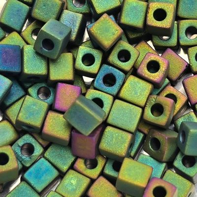 SB4-2066: Miyuki Matte Metallic Teal/Green Iris - 4mm Square/Cube Beads
