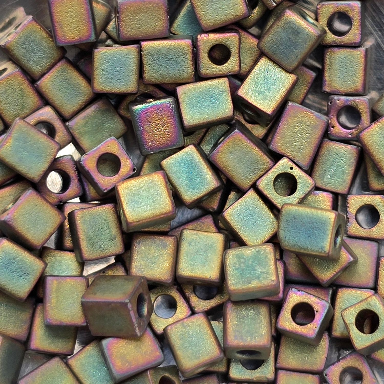 SB4-2035: Miyuki Matte Metallic Khaki Iris - 4mm Square/Cube Beads