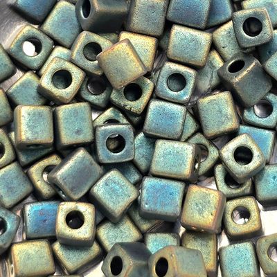 SB4-2008: Miyuki Matte Patina Blue/Green AB - 4mm Square/Cube Beads
