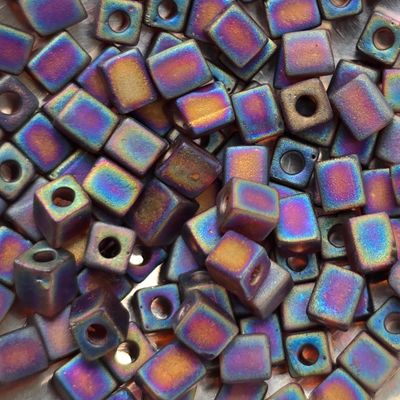 SB4-134FR: Miyuki Transparent Frosted Rainbow Dark Amber - 4mm Square/Cube Beads