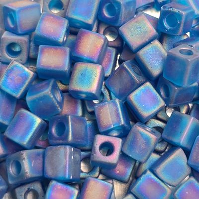 SB4-149FR: Miyuki Matte Transparent Capri Blue AB - 4mm Square/Cube Beads
