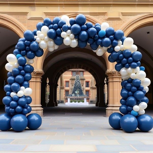 Navy Blue, White, Silver and Gold Balloon Arches