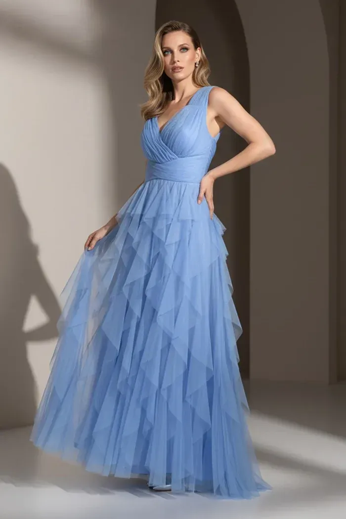 Frank Lyman V-Neck Tulle Gown With Cascading Ruffles 259722