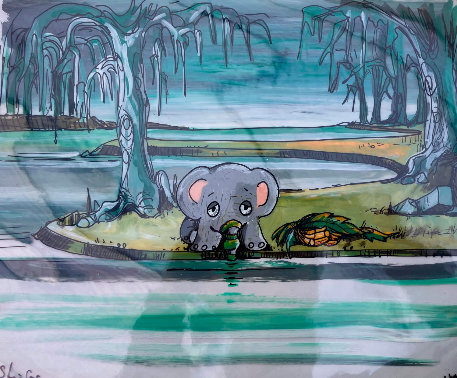 Hand Painted Cel- JUST SO '80 " Elephants's Child - Cooling his new trunk