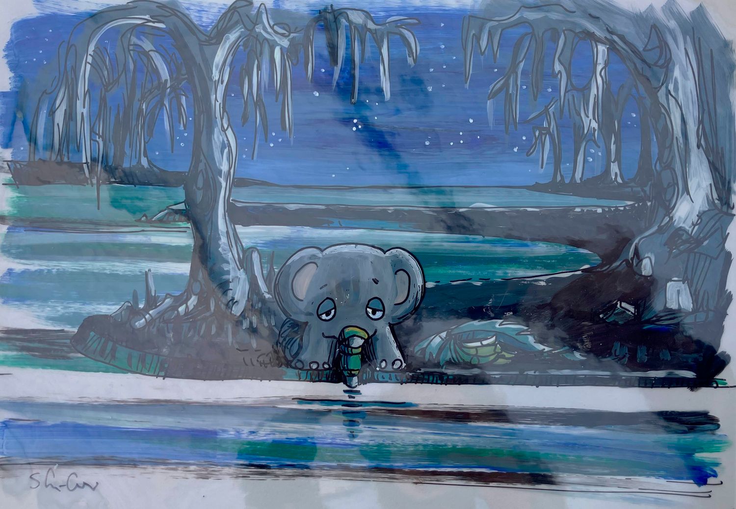 Hand Painted Cel- JUST SO '80 " Elephants's Child - Cooling his new trunk2