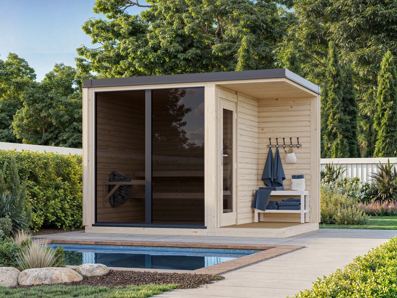 Sauna d'extérieur SARAH 3,8+2,1 m2 toit plat fenêtre en aluminium