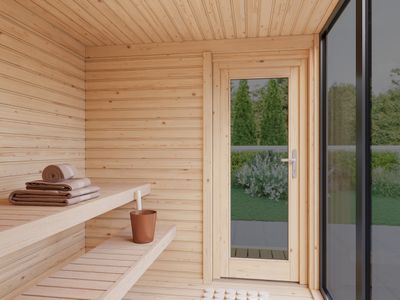 Sauna d'extérieur SARAH 3,8+2,1 m2 toit plat fenêtre en aluminium