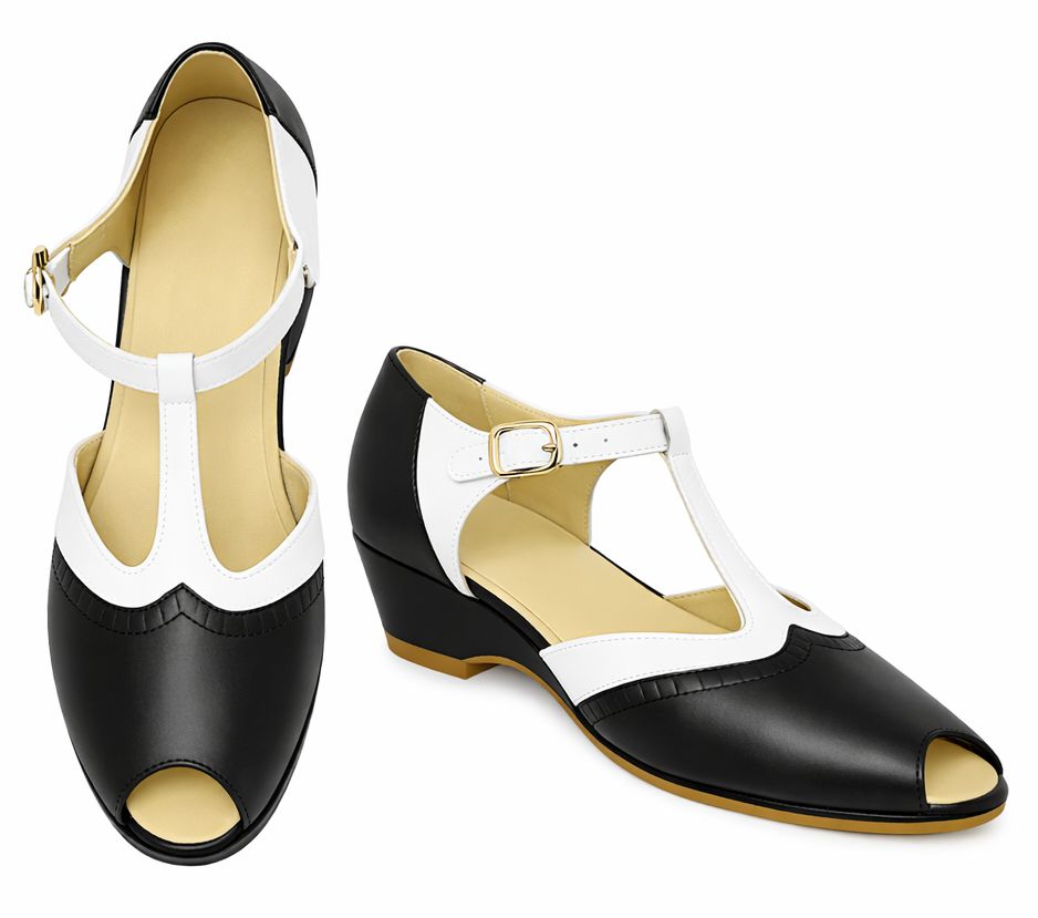 M-0906 - Black / White Leather, Leather Sole, 5cm wedge heel. Heel and Colour options available. M-0906 - Black / White Leather, Leather Sole, 5cm wedge heel. Heel and Colour options available.