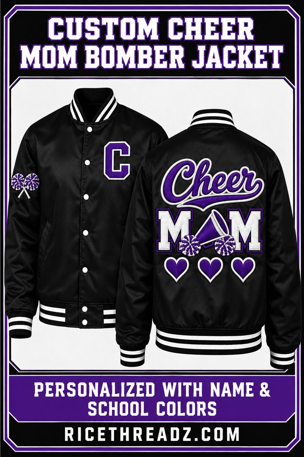 Custom Cheer Mom Bomber Jacket – Personalized Twill Appliqué &amp; Embroidery