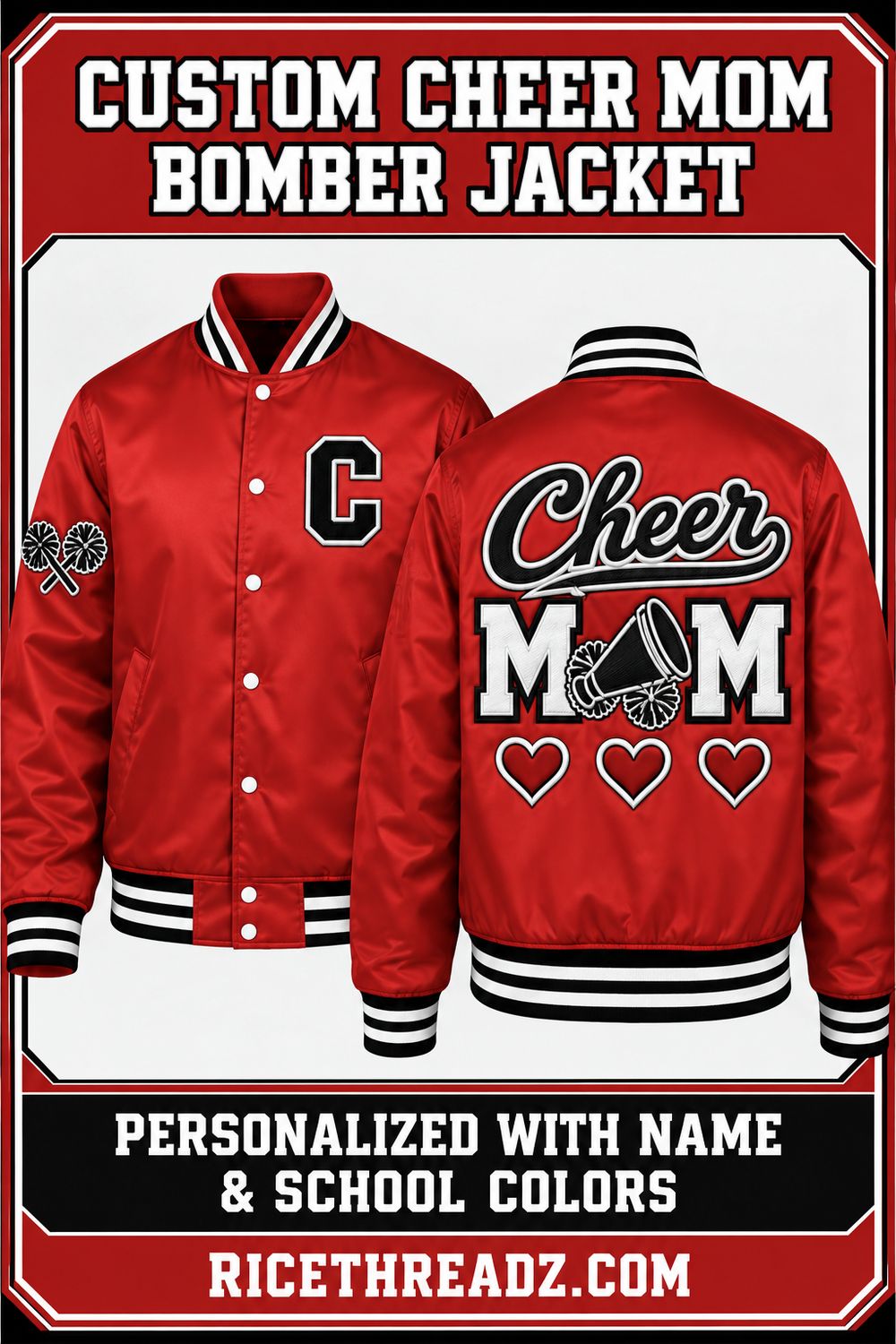 Custom Cheer Mom Bomber Jacket – Personalized Twill Appliqué &amp; Embroidery