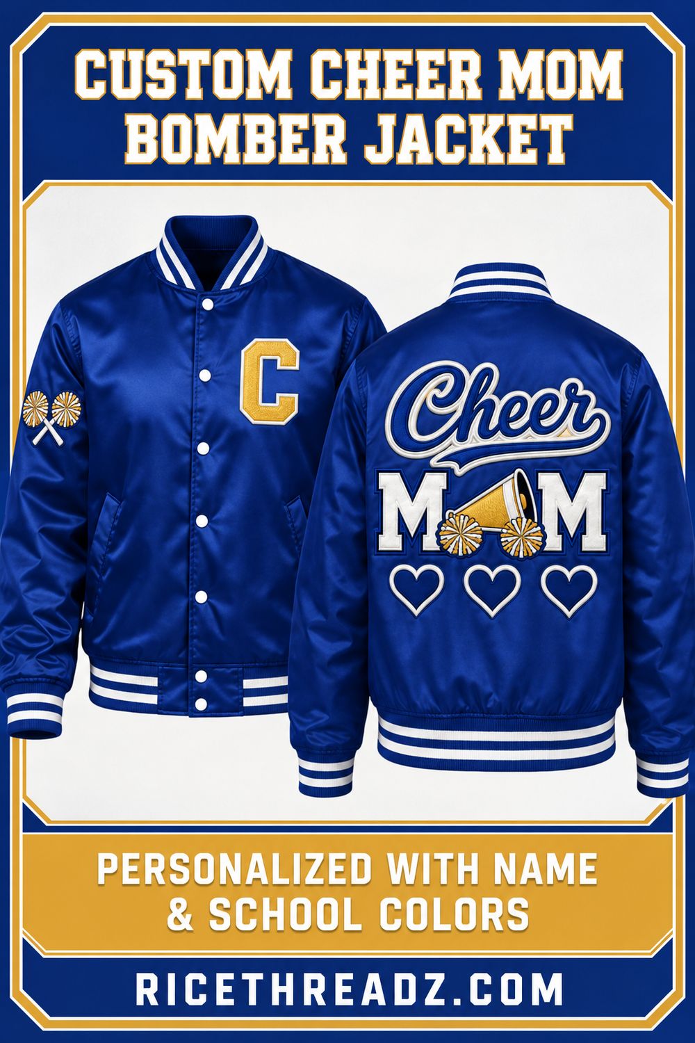 Custom Cheer Mom Bomber Jacket – Personalized Twill Appliqué &amp; Embroidery