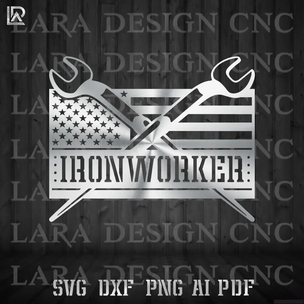 Ironworker Flag design featuring crossed wrenches over an American flag, ready for CNC plasma cutting.