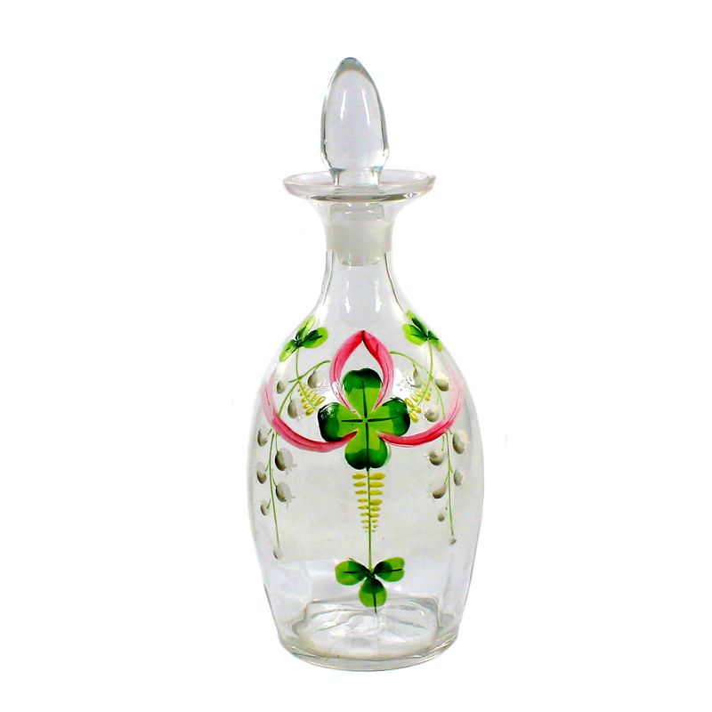Carafe with 6 shot glasses made of colorless glass with cloverleaf decoration, circa 1900