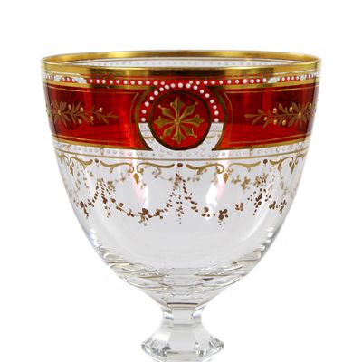 Stängelglas mit lasierten goldrubin Feldern und Goldmalerei, Josephinenhütte um 1905
