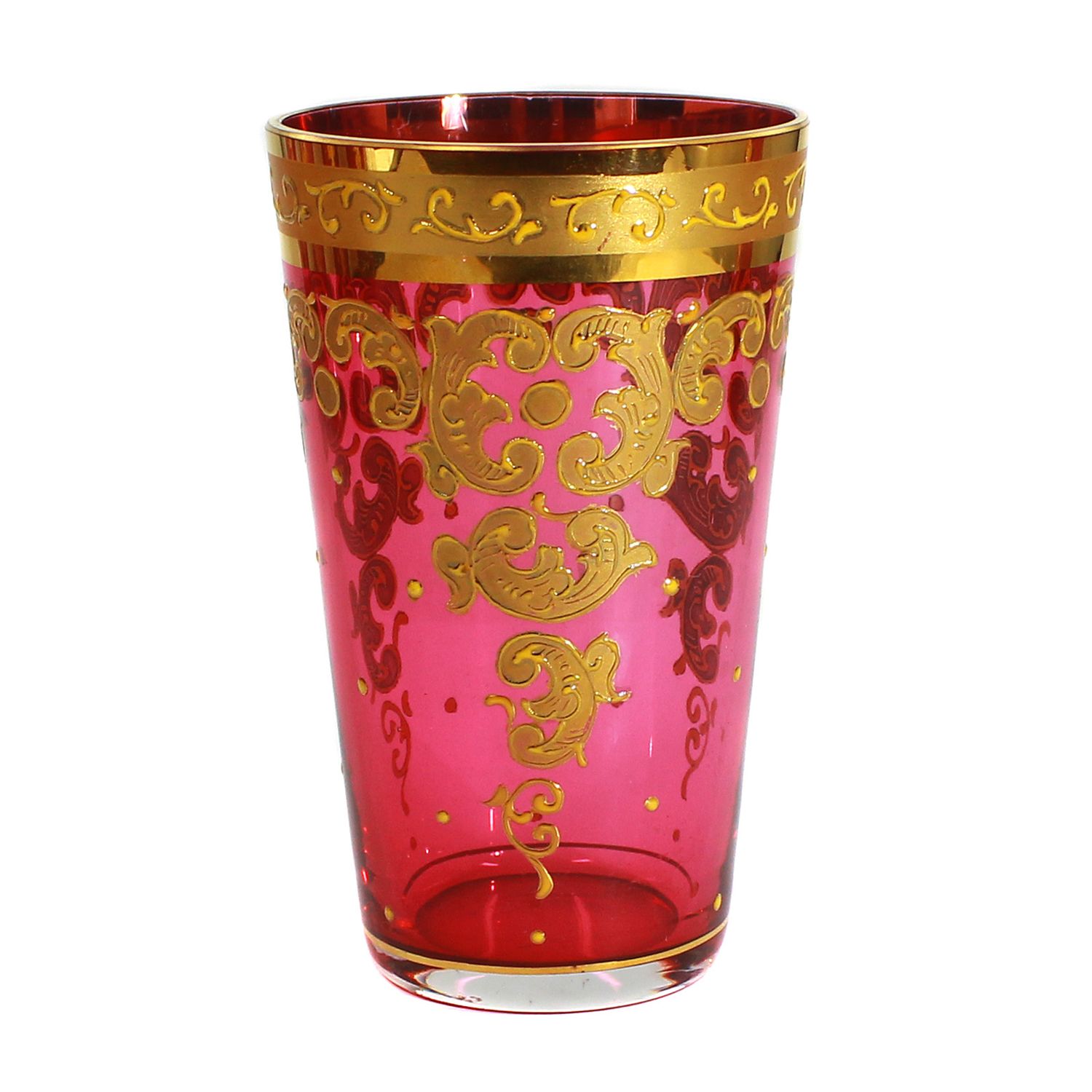 1 of 6 champagne glasses with rose-colored base and gold painting, probably Moser in Carlsbad