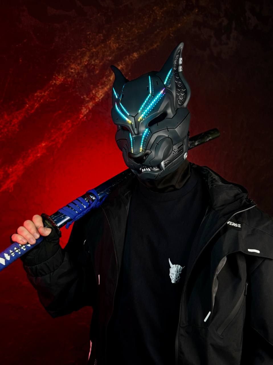 Grey and silver cyberpunk cat mask with RGB LED lights, full face feline helmet with tinted lenses and adjustable straps