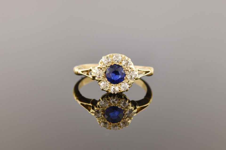 Antique Sapphire &amp; Diamond Halo Ring