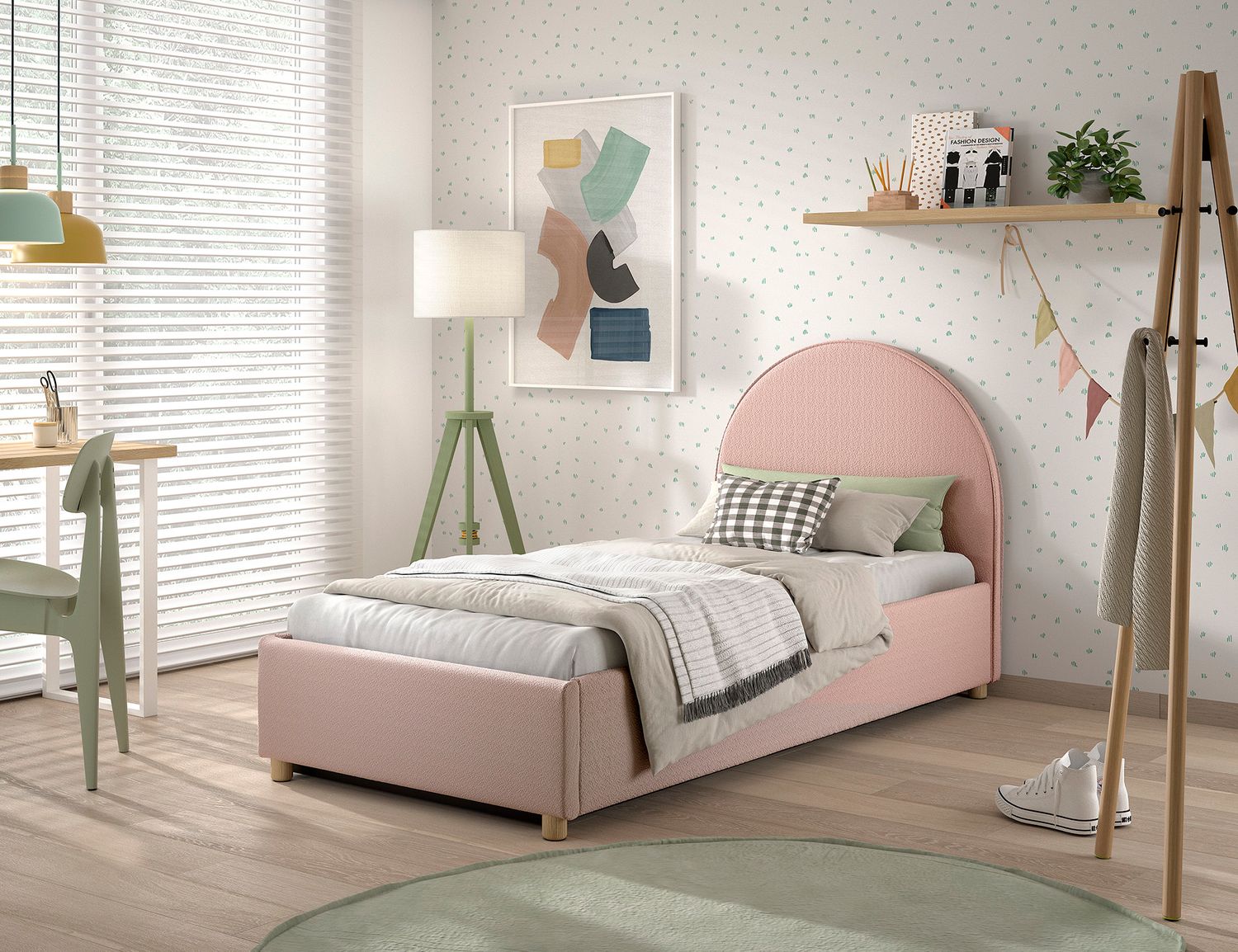 Lune storage 90x200cm with slatted and box (Bouclé fabric)