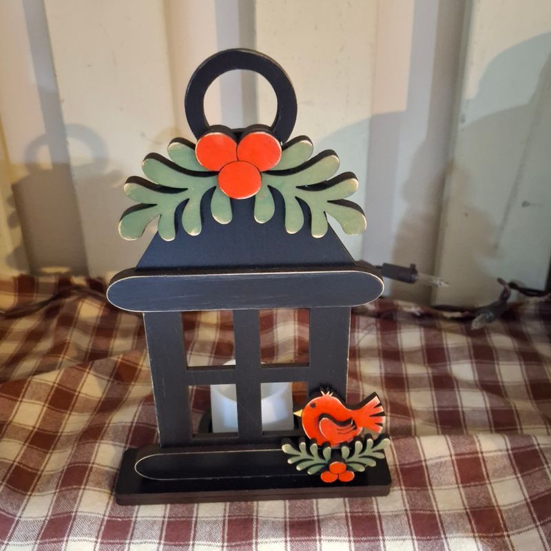 wooden lantern shaped votive candle holder with cute cardinal and holly